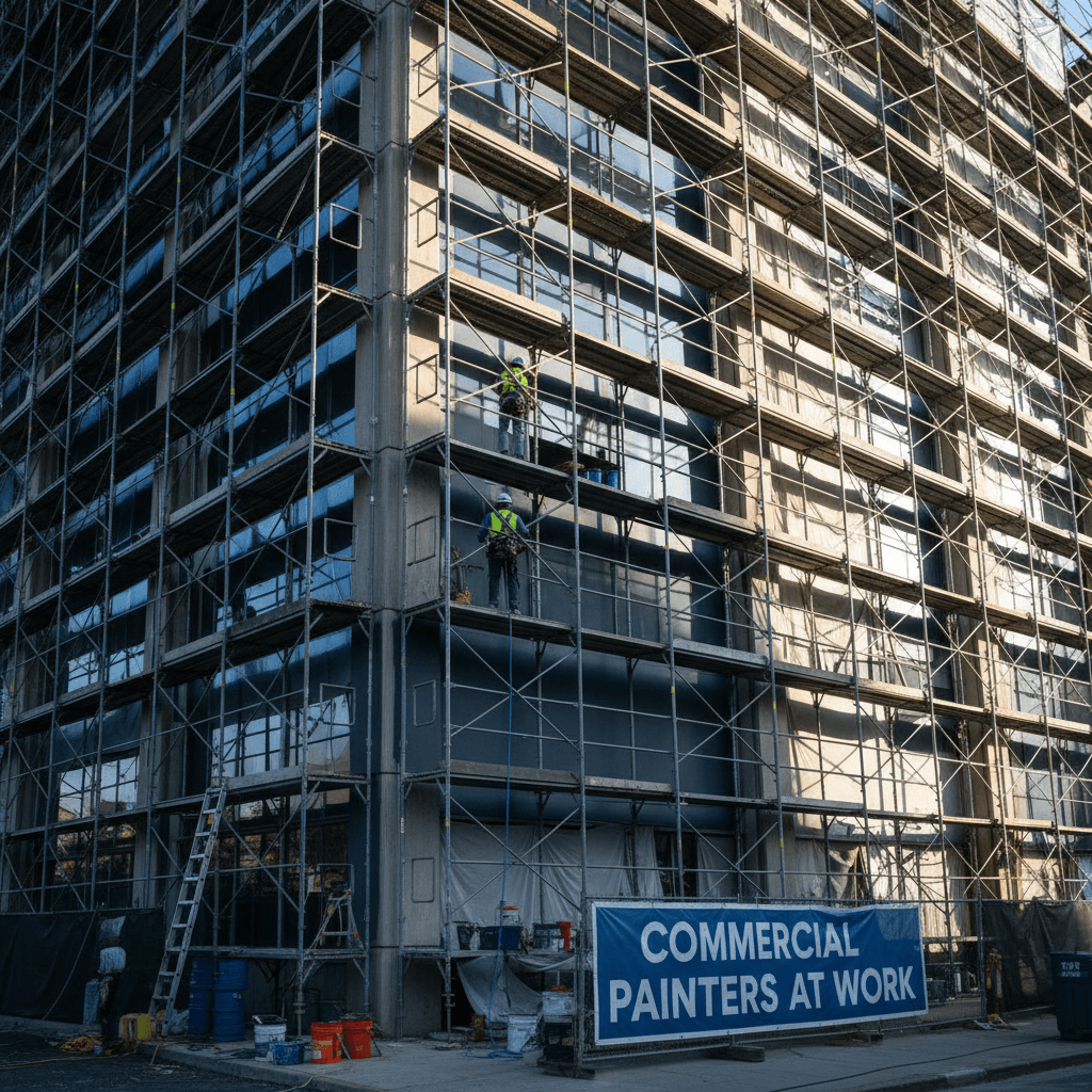 Professional painters applying exterior paint to commercial office building