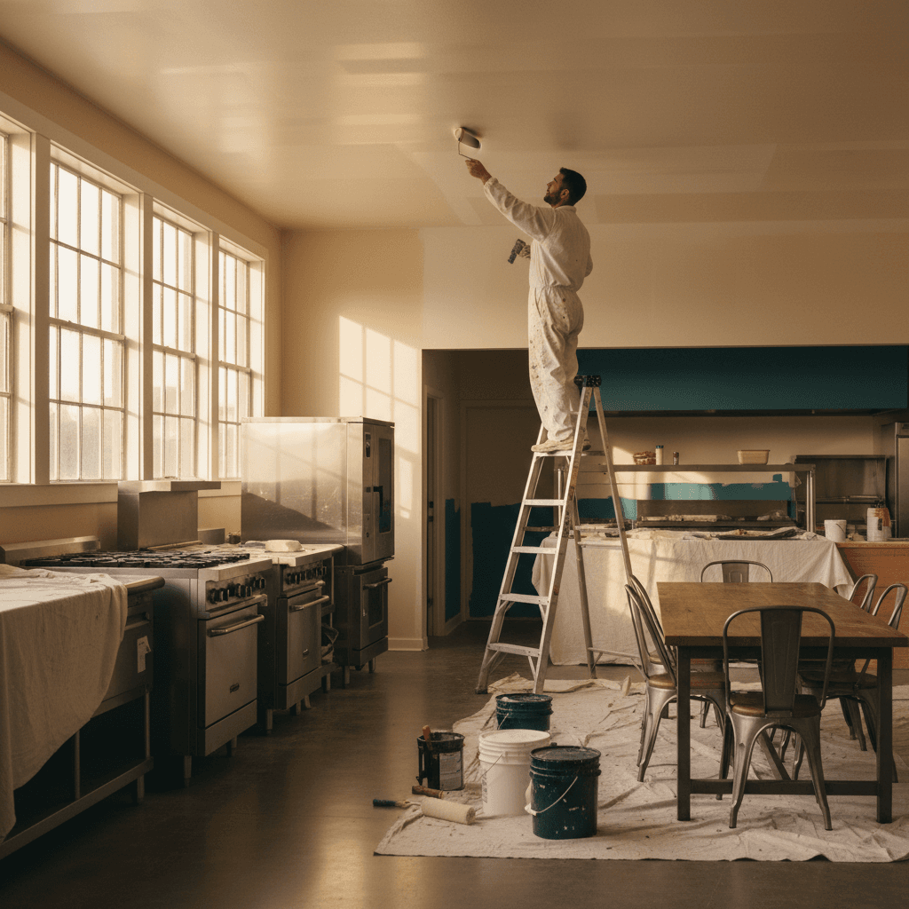 Painter applying fresh finish to commercial ceiling in break room area