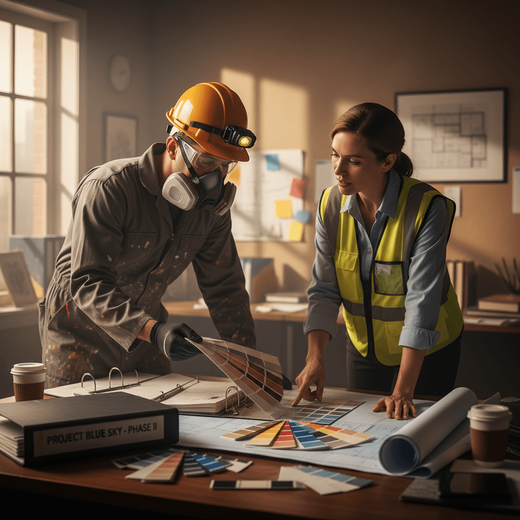 Commercial painting contractor discussing project details with building manager