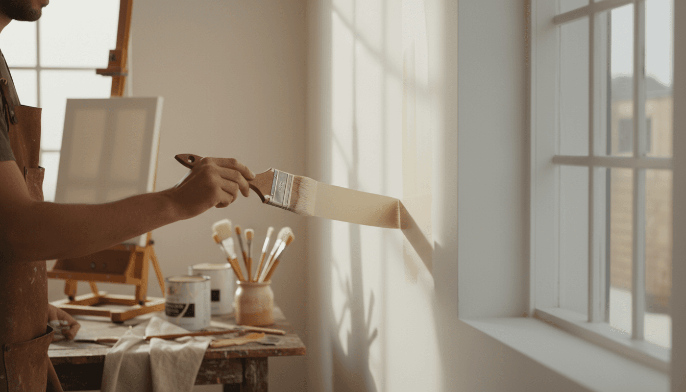 Professional painter applying fresh paint to interior wall with precision and care