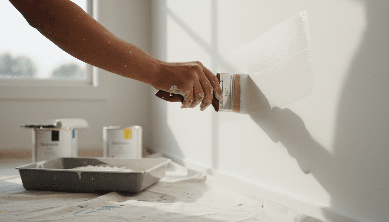 Painter applying premium paint to interior wall with precision brush technique