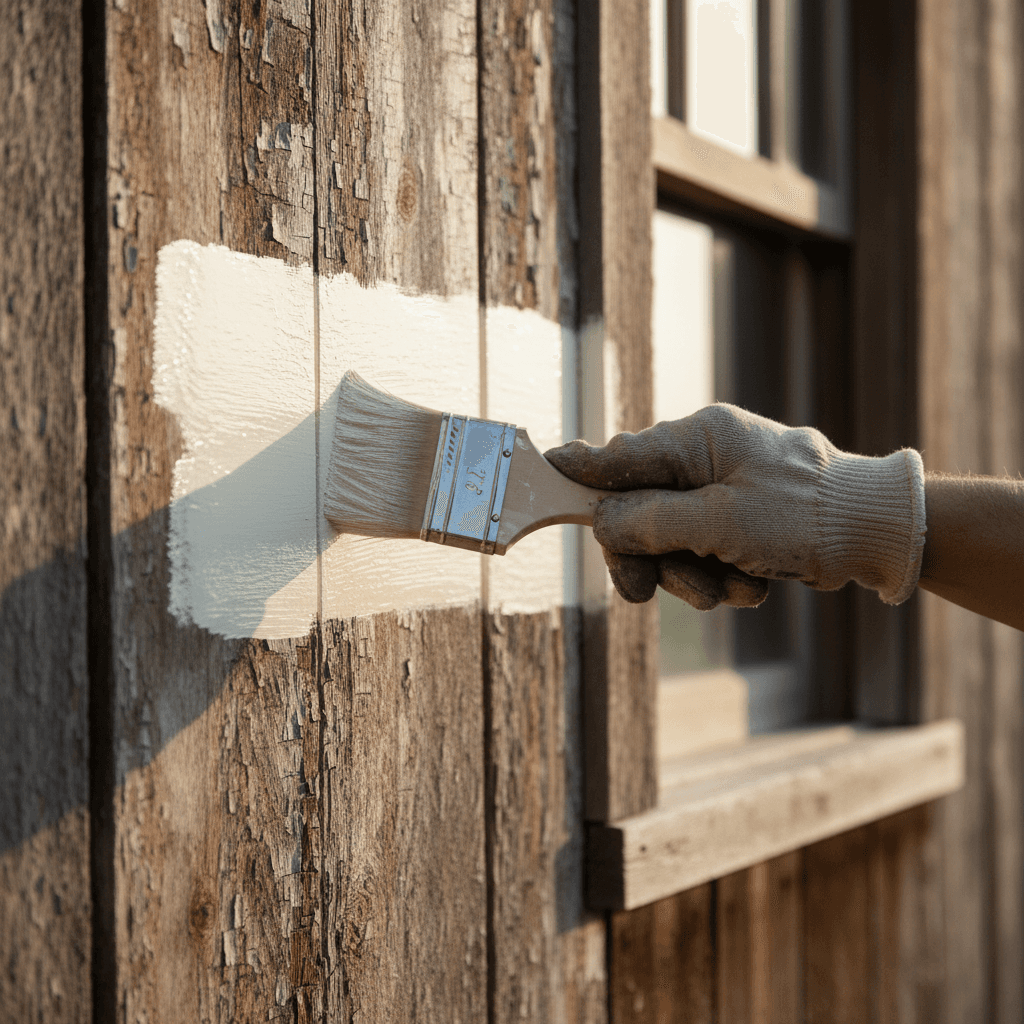 Painter applying premium finish to barn wood siding