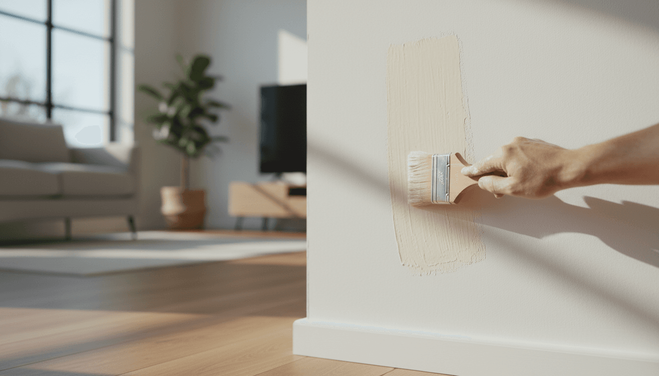 Professional painter carefully applying premium paint with precision brushwork to an interior wall in natural light
