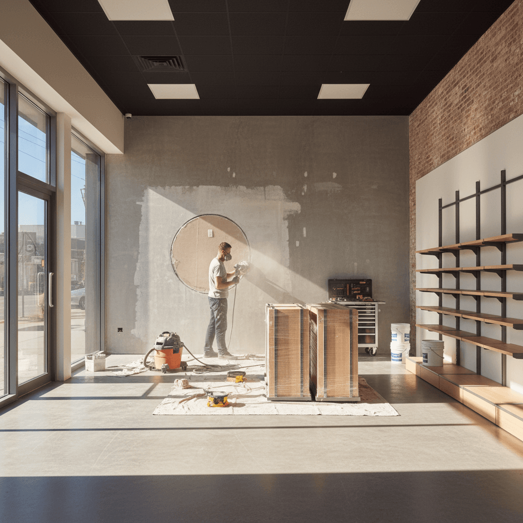 Commercial storefront undergoing surface preparation for fresh paint