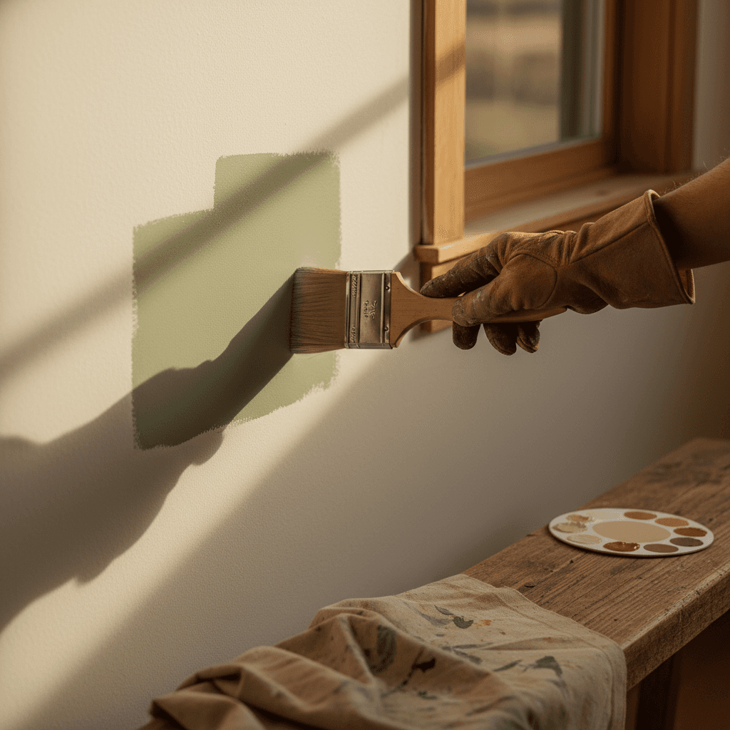 Painter applying premium interior wall paint with careful brush technique