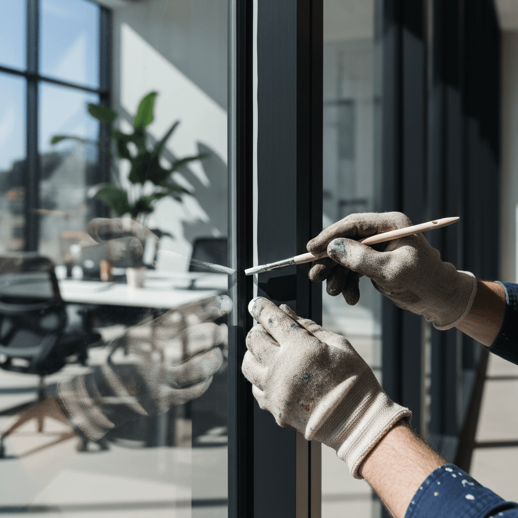 Painter's hands cutting in trim around office window with precision